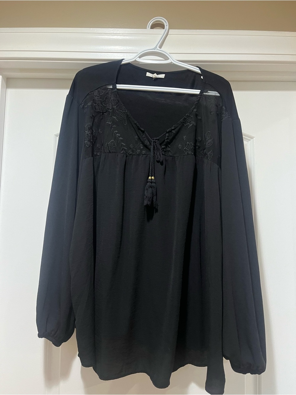 Maurices Black Embroidered Peasant Blouse with Tassel Tie